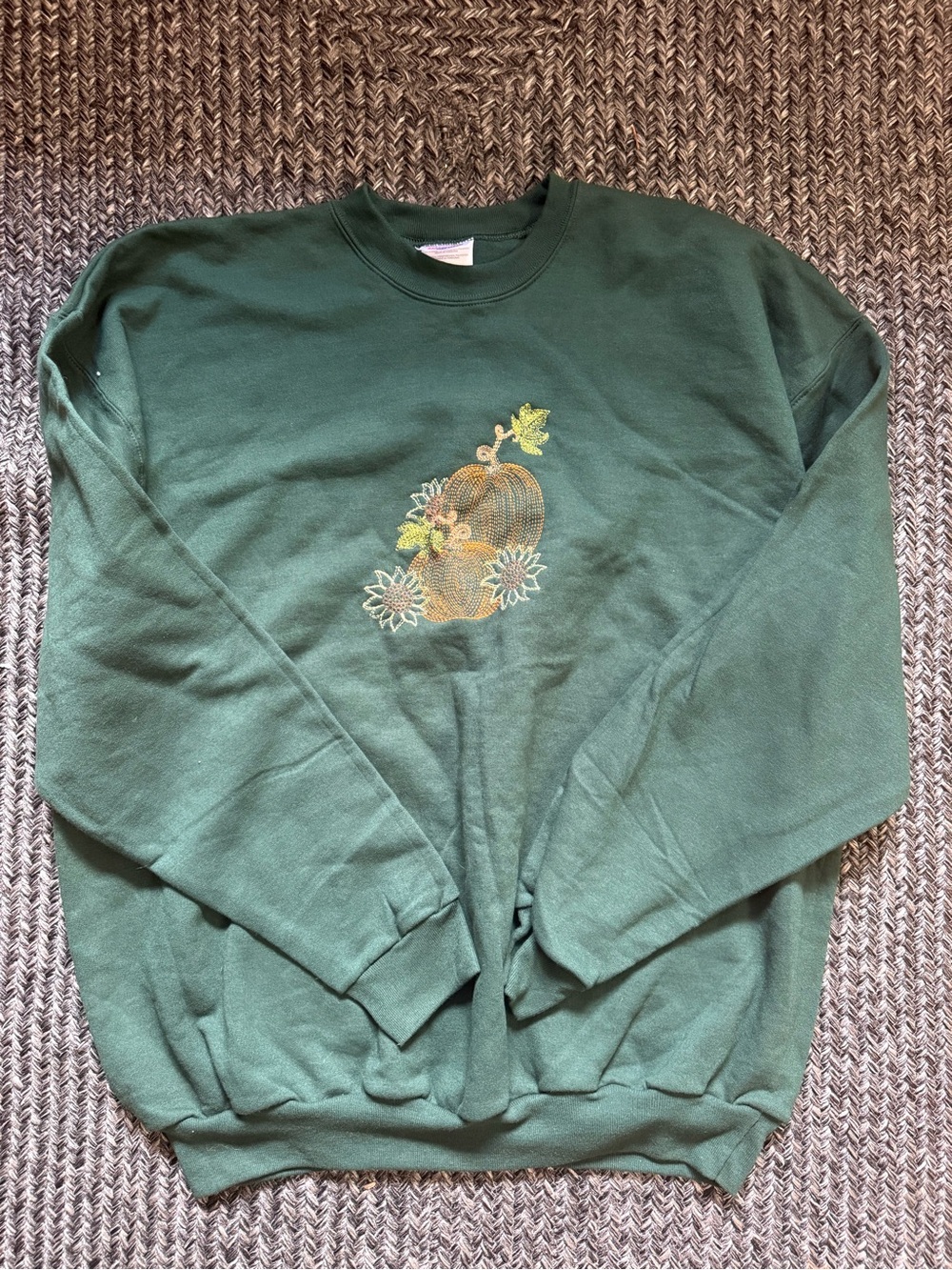 Hanes Dark Green Crewneck Sweatshirt with Embroidered Pumpkin
